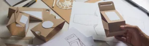 ERP Compliance in packaging design. Image of a designer holding a prototype package with drawings on the desk.