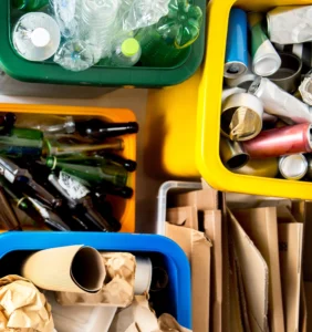 Recycling bins with bottles, glass, plastic, tin and cardboard products.