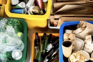 Recycling bins with bottles, glass, plastic, tin and cardboard products.